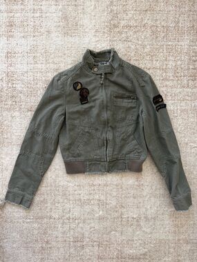 Star Jeans Cropped Military Moto Jacket Patches Olive Green Size M